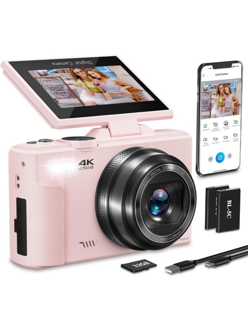 64MP 4K Digital Camera for Photography & Vlogging, Compact Pink Camera for